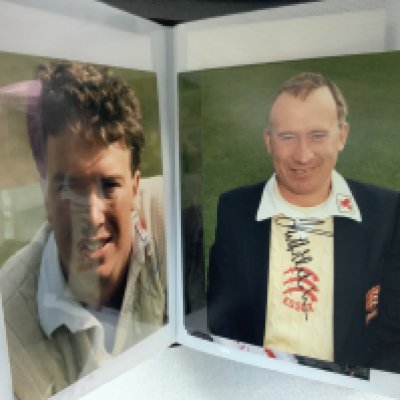 Essex Cricket Autographs: Small photos contained in album all hand signed by player without dedication. Includes Nasser Hussein David Ackfield Keith Fletcher Brian Hardie John Lever Graham Gooch and Mark Waugh. Light duplication. (90)