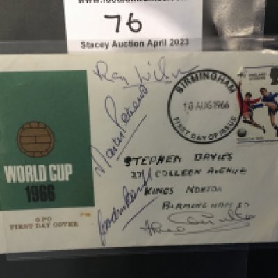 England 1966 World Cup Winners Signed FDC: Winners stamp with first day of issue date stamp of 18 8 1966. Postmarked and addressed to Birmingham. Hand signed in biro by Wilson, Peters, Banks and J Charlton.