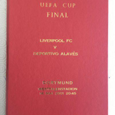 2001 Liverpool v Alaves Hardback Signed Final Programme: Red UEFA Cup final hand signed by the entire Liverpool squad that day. Numbered 1-23 for players with space for Houllier + Thompson of official sheet stuck in. 100 per cent genuine with every player identified. Who could forget that amazing 5-4 victory for Liverpool.
