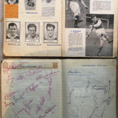 1950s Football Autographs: Collected in the day and stuck down to exercise books. Many hundreds of genuine autographs on magazine pictures from a wide variety of clubs. The most attractive aspect of this collection is there are pages to rear which have a club name at the top and are multi signed with many from the great northern teams of the day Bolton Blackburn Manchester United Burnley Manchester City Preston Newcastle West Brom and many more. Viewing essential as some back to back. Autographs include Duncan Edwards. Two exercise books full of autographs along with 3 programmes which include FA Cup finals for 57 + 58.