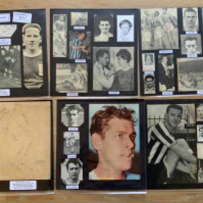 Colchester United 1940s 1950s 1960s Football Autograph Collection: Stunning private collection all pre 1970 from various publications. All signatures are identified and laid down with photo corners on 12 x 12 inch card and easily removable. 14 pages to include 2 fully signed team groups, 5 signed autograph pages and 68 various sized pictures to include 3 A4. 86 different player signatures including Ray Crawford, Duncan Forbes, John Kurila, Cyril Hammond, Vic Keeble, Terry Dyson, Bobby Hunt, Percy Ames, Chic Milligan, Danny Light, Mike Grice, Owen Simpson, Sid McClellan, Micky Cook etc. (160+)