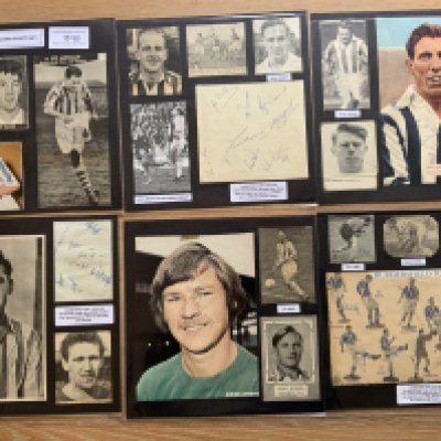 Huddersfield Town 1940s 1950s 1960s Football Autograph Collection: Stunning private collection all pre 1970 from various publications. All signatures are identified and laid down with photo corners on 12 x 12 inch card and easily removable. 42 pages to include 4 fully signed team groups, 6 signed autograph pages and 171 various sized pictures to include 23 A4. 104 different player signatures including Denis Law, Ray Wilson, Roy Ellam, Trevor Cherry, Frank Worthington, Ray Wood, Les Massie, Jack Wheeler, Len Quested, Vic Metcalfe, Eddie Boot, Dick Krzywicki, Jimmy Nicholson etc. (330+)