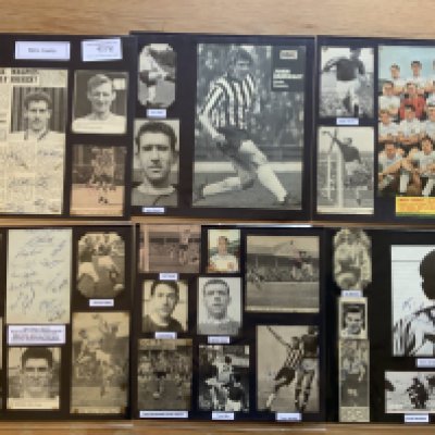 Notts County 1940s 1950s 1960s Football Autograph Collection: Stunning private collection all pre 1970 from various publications. All signatures are identified and laid down with photo corners on 12 x 12 inch card and easily removable. 22 pages to include 2 fully signed team groups, 3 signed autograph pages and 120 various sized pictures to include 5 A4. 127 different player signatures including Tony Hateley, Ron Wylie, Leon Luety, Jeff Astle, Tommy Lawton, Bert Loxley, Dick Edwards, Derek Pace, Don Masson, Les Bradd, Jackie Sewell, Frank Broome, Don Roby, Bill Baxter, Tommy Deans etc. (260+)