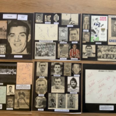 Rochdale 1940s 1950s 1960s Football Autograph Collection: Stunning private collection all pre 1970 from various publications. All signatures are identified and laid down with photo corners on 12 x 12 inch card and easily removable. 12 pages to include 1 fully signed team group, 9 signed autograph pages and 61 various sized pictures to include 2 A4. 99 different player signatures including David Cross, Eddie Wainwright, Frank Lord, Eric Gemmell, Hughen Riley, Walter Birch, Stan Milburn, Louis Bimpson, Bert Lister, Jackie Grant, Bob Stokoe, Peter Gowans, Dennis Butler, Bev Glover etc. (170+)