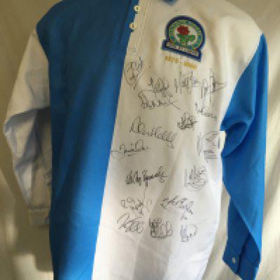 2000/2001 Blackburn 125th Anniversary Match Worn Football Shirt: Worn by Byornebye v Wolves who gave shirt directly to vendor. The white side of the very rare shirt is signed by 18 players including himself. Only ever worn once. Red number 3 to rear and with special permission no name, maker, sponsor or Premier League patches.