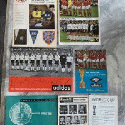 1966 World Cup Sports Brand Football Catalogues + Flyers: Three made by Adidas all featuring at least England and Germany in line ups. Stuart Surridge catalogue has a cutting missing inside and a further by Mansfield of Banbury offering referees equipment. Subbuteo and Daniel Schuster European Souvenirs all mentioning the World Cup. Rare items. (7)