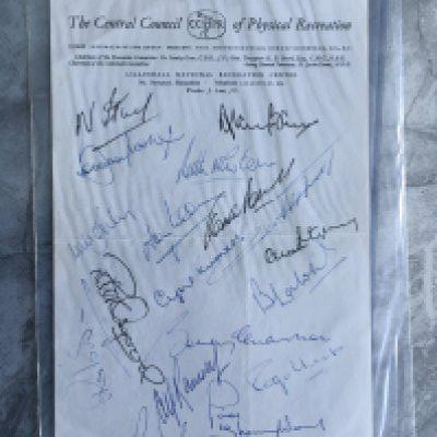 1966 England World Cup Squad + Management Signed Paper: Hand signed in biro undedicated on Lilleshall Recreational Centre headed paper. Signed by 19 including Ramsey, Shepherdson, Moore, Peters, Hurst, Labone, Hunt, B Charlton, Banks, Newton, Ball, Stiles, Osgood, Mullery, Knowles, Wilson, Thompson and Paine.