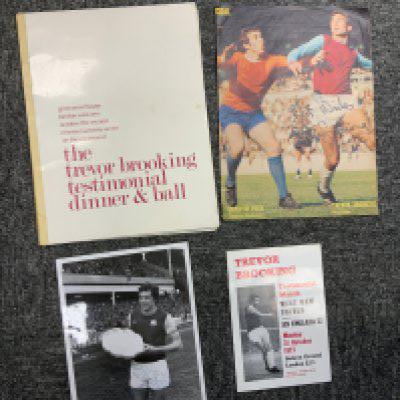 Trevor Brooking West Ham Football Memorabilia: Includes rare, large testimonial ball brochure from Grosvenor House, 2 signed pictures (one dedicated) and his testimonial programme. Instructions to sell.
