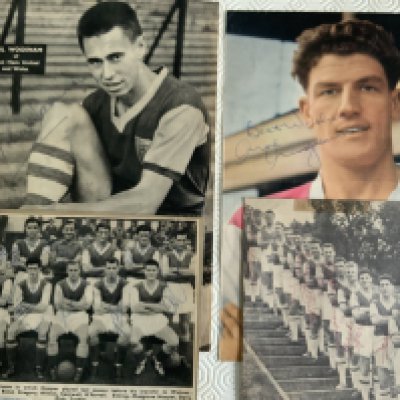 West Ham Old Football Autographs: Different size magazine pictures from various publications. Three 50s team groups signed by 7, 7 and 10. Full page of Woosnam and Musgrove. Autographs include Greenwood, Cantwell, Obeney, Grice and many more. (Est 50)