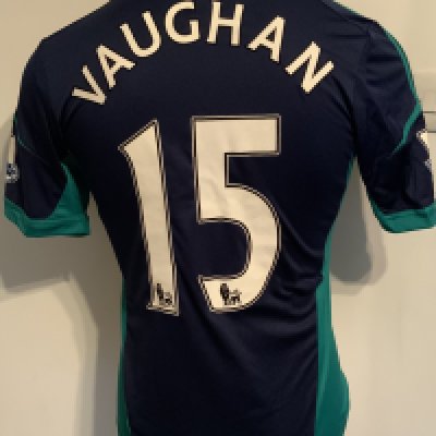 Sunderland 2012 - 2013 Match Worn Football Shirt: Blue short sleeve with Premiership badging to arms. Number 15 Vaughan to rear.