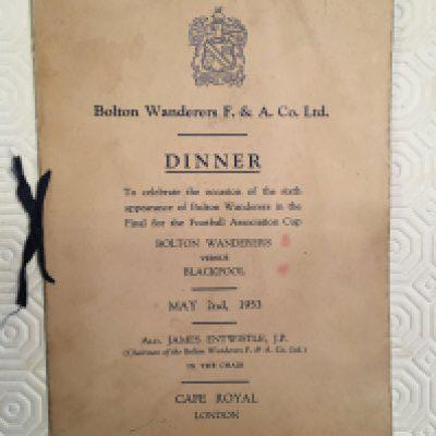 1953 FA Cup Final Signed Football Menu: Famous Blackpool v Bolton final. Bolton dinner menu the former property of Harry Greenhalgh the 1926 FA Cup winning Bolton player. Signed by all 11 that played for Bolton v Blackpool including Nat Lofthouse. The address of Harry is written to rear who was a guest.