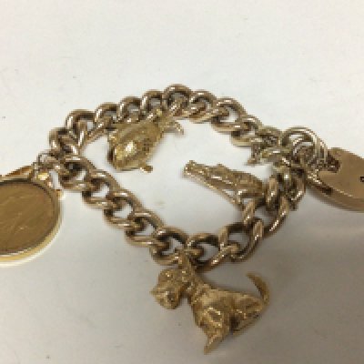 A 9carat gold charm bracelet with attached 1899 Victorian Sovereign and gold charms total weight 63g