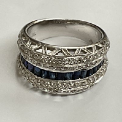 White gold sapphire and diamond ring. 0.75ct sapphires, 1.00ct diamonds, 8.8g. Ring size approx N. Postage category A.