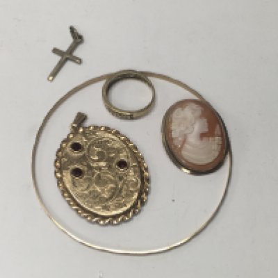 A 9 ct gold backed pendant together with a cameo, bangle, ring and small cross pendant.