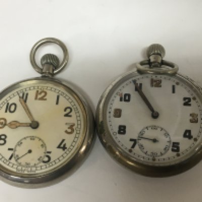 Two Military button wind pocket watches both seen working. (2)
