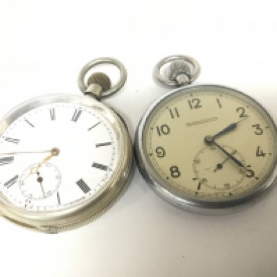 A Jaeger Le Coultre Milatry button wind pocket watch not seen working and one other pocket watch (2)