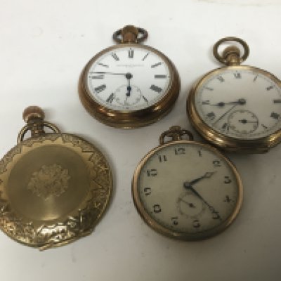 Four gold plated and metal cased pocket watches including a Hunter pocket watch.