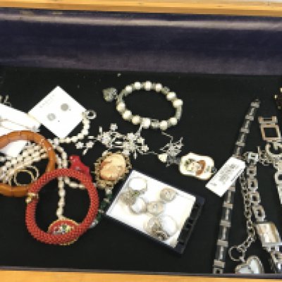 A display case containing silver pearls, cameo, Wade porcelain Tommy Steele brooch, red coral bracelet. This lot cannot be posted