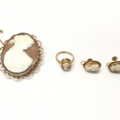 A 9ct gold cameo brooch earrings and ring. Postage B