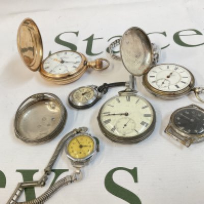 A collection of pocket watches including a Waltham and three silver hallmarked watches, Ingersoll watch with no strap etc