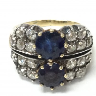 An Unmarked (tested) 18ct gold two stone sapphire and diamond cluster cocktail ring (Mix of Diamonds and Moissonite) (A).