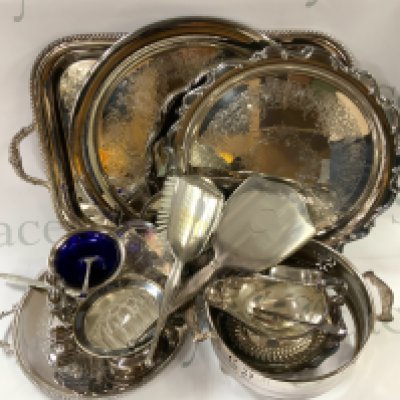 a collection of silver plated items to include a Birks silver brush and hand mirror. (D)