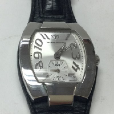 TechnoMarine wrist watch on black leather strap. Seen running. Postage B