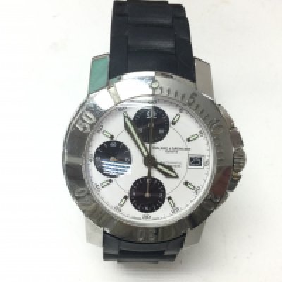A Baume & Mercier stainless steel chrono watch on rubber strap. Seen working Postage B