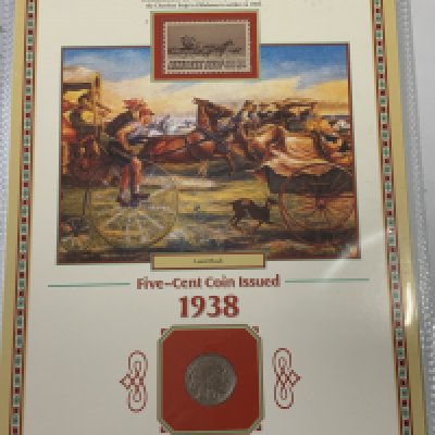 20 years of buffalo nickels combined with US commemorative stamps and artwork honouring the American west, PCS stamps and coins (B)