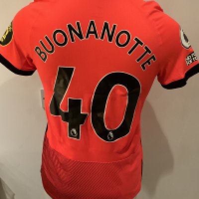 Bournemouth 2022 - 2023 Match Issued Football Shirt: Red and black short sleeve shirt with Premier League badges to sleeves. Buonanotte 40 to rear. Issued v Tottenham on 8 April 2023 when player was an unused substitute. 
