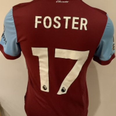 Burnley 2023 - 2024 Match Worn Football Shirt: Claret and blue short sleeve shirt with Premier League badges to sleeves. Foster 17 to rear. Worn v Tottenham on 2 September 2023. Player scored in the match. 