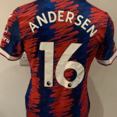 Crystal Palace 2023 - 2024 Match Worn Football Shirt: Blue and red short sleeve shirt with Premier League badges to sleeves. Anderson 16 to rear. Worn v Tottenham on 27 October 2023. 