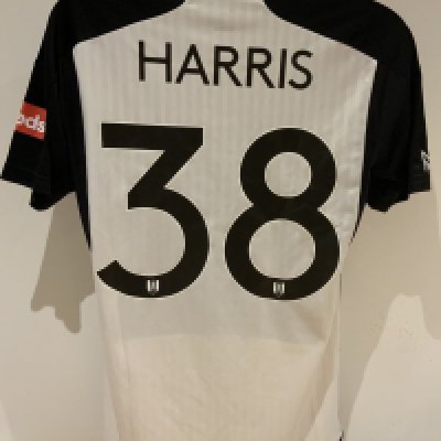 Fulham 2023 - 2024 Match Worn Football Shirt: White short sleeve shirt with Carabao Cup badges to sleeves. Harris 38 to rear. Worn v Tottenham on 29 August 2023. Fulham won 5-3 on penalties. Harris was a second half substitute. 