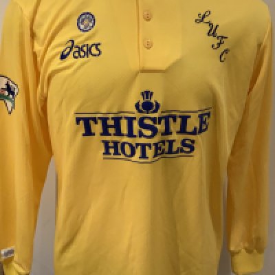 Leeds 1995 - 1996 Match Worn Football Shirt: Yellow long sleeve shirt with Premier League badges to sleeves. Number 15 to rear. Worn during the season by Nigel Worthington.