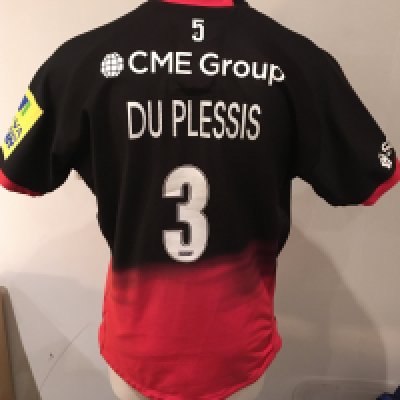 Saracens 2013 - 2014 Home Match Worn Rugby Union Football Shirt: Black short sleeve Nike XXL excellent condition shirt worn by Petrus Du Plessis . Aviva Premiership badging. GPS tracking pocket present at neck.
