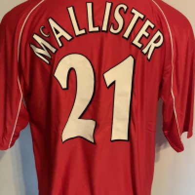 Liverpool 2001 - 2002 Home Match Worn Football Shirt: Red short sleeve Reebok shirt with McAllister 21 to rear. Issued for the UEFA cup tournament 