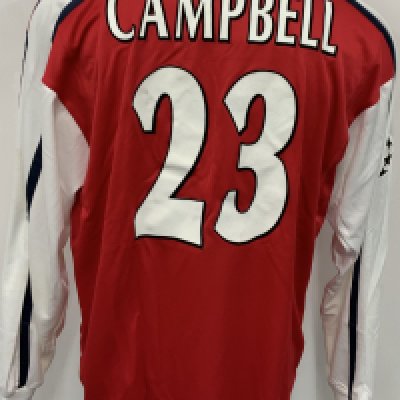 Arsenal 2001 - 2002  Home Match Worn Football Shirt: Red and white long sleeve  Nike Dreamcast shirt with Champions League badging to sleeve. Campbell 5 to rear. Worn v Bayer Leverkusen on 27 February 2002. Comes with signed COA from the player. 