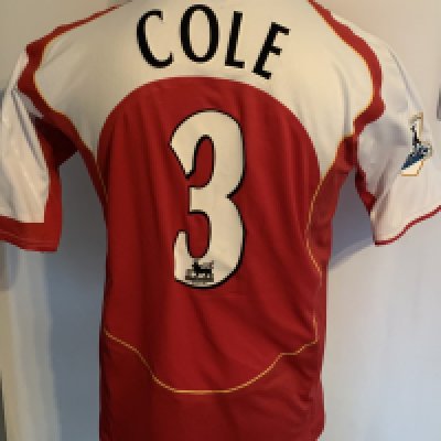 Arsenal 2004 - 2005 Home Match Worn Football Shirt: Red and white short sleeve  Nike shirt with Premier League Champions badging to sleeves. Cole 3 to rear.