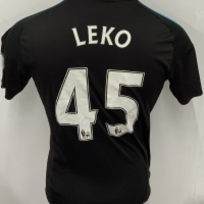 West Brom 2016 - 2017 Match Worn Football Shirt: Black and blue pin striped  short sleeve shirt with Premier League badging to sleeves. Leko 45 to rear. 