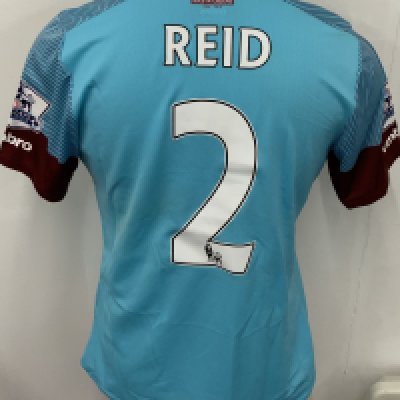 West Ham 2015 - 2016 Match Worn Football Shirt: Light blue and Claret hooped short sleeve shirt with Premier League badging to sleeves. Reid 2 to rear. Worn by the player who scored the last ever goal at Upton Park. Unwashed.