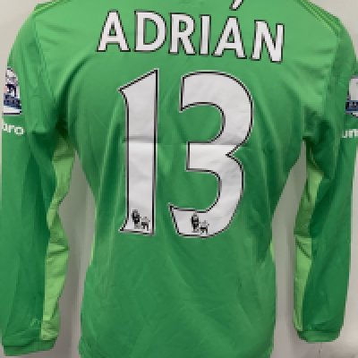 West Ham 2015 - 2016 Match Worn Football Shirt: Green goalkeepers long sleeve Poppy shirt with Premier League badging to sleeves. Adrian 13 to rear. Worn v Everton on 7 November 2015.