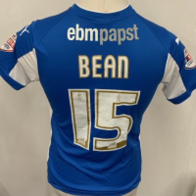 Colchester United 2014 - 2015 Match Worn Football Shirt: Blue and white short sleeve shirt with Sky Bet badging to sleeves. Bean 15 to rear.