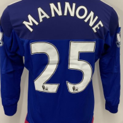 Sunderland 2015 - 2016 Match Worn Football Shirt: Blue long sleeve goalkeepers shirt with Premier League badging to sleeves. Mannone 25 to rear. Worn v Arsenal on 24 April 2016. Match finished 0-0.