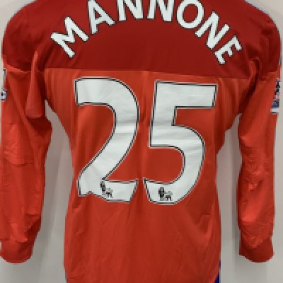 Sunderland 2014 - 2015 Match Worn Football Shirt: Red long sleeve goalkeepers shirt with Premier League badging to sleeves. Mannone 25 to rear.