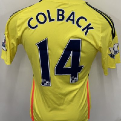 Sunderland 2013 - 2014 Match Worn Football Shirt: Yellow short sleeve shirt with Premier League badging to sleeves. Colback 14 to rear. Shirt is unwashed. 