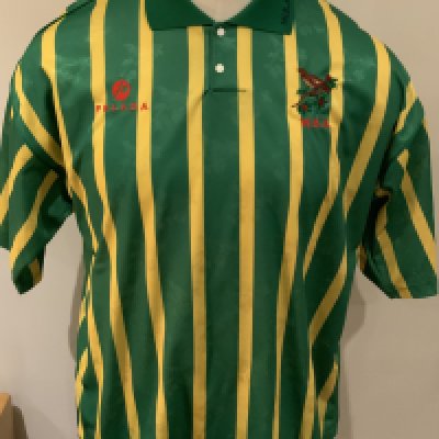 West Brom 1993 - 1994 Match Worn Football Shirt: Green and yellow short sleeve shirt with Football League badges to sleeves. Number 14 to rear. 