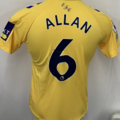 Everton 2022 - 2023 Match Issued Football Shirt: Yellow short sleeve shirt with Premier League badging to sleeves. Allan 6 to rear. 