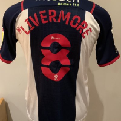 West Brom 2021 - 2022 Match Worn Football Shirt: Blue and white short sleeve shirt with Sky Bet EFL badges to sleeves. Livermore 8 to rear. 