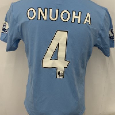 Manchester City 2009 - 2010 Onuoha Match Worn Football Shirt: Blue short sleeve Umbro from 1st season of Etihad Sponsorship. Premier League badging to sleeve and Onuoha 4 to rear. 