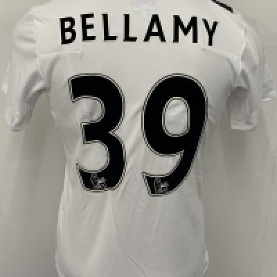 Manchester City 2009 - 2010 Bellamy 3rd Kit Match Issued Football Shirt: White with red and black slash short sleeve Umbro shirt from 1st season of Etihad Sponsorship. No badging to sleeves and Bellamy 39 to rear. Possibly issued/worn in a friendly.